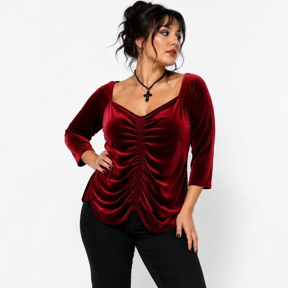 Torrid Ruched Velvet 3/4 Sleeve Top 1X Red Gothic Romantic Holiday Vampy